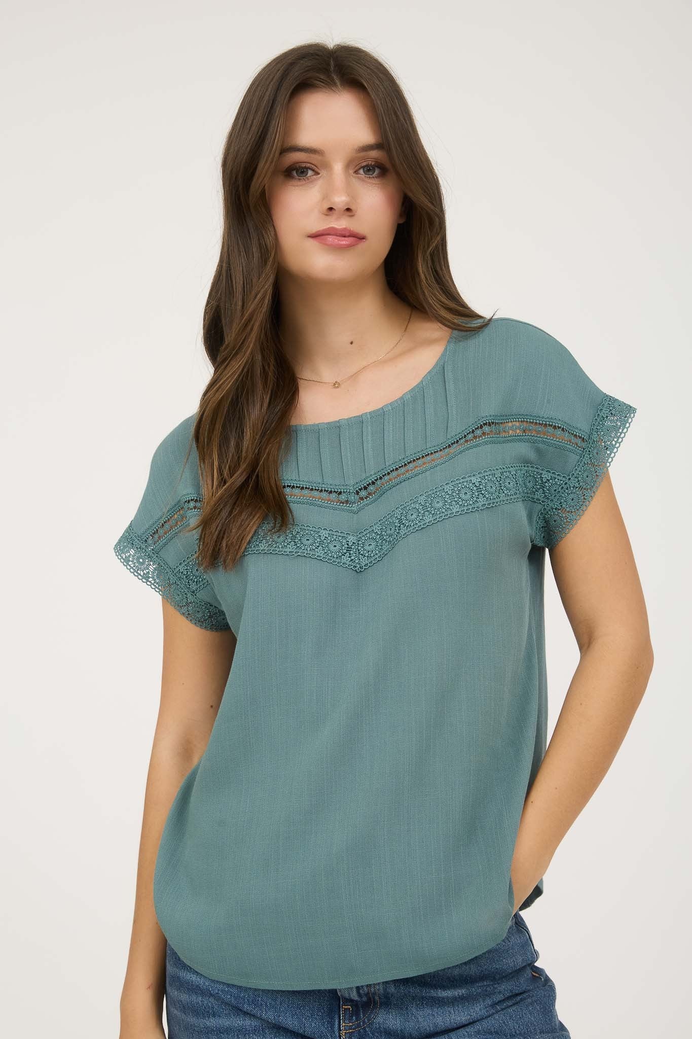 Presley Lace Trim Yoke Short Sleeve Top