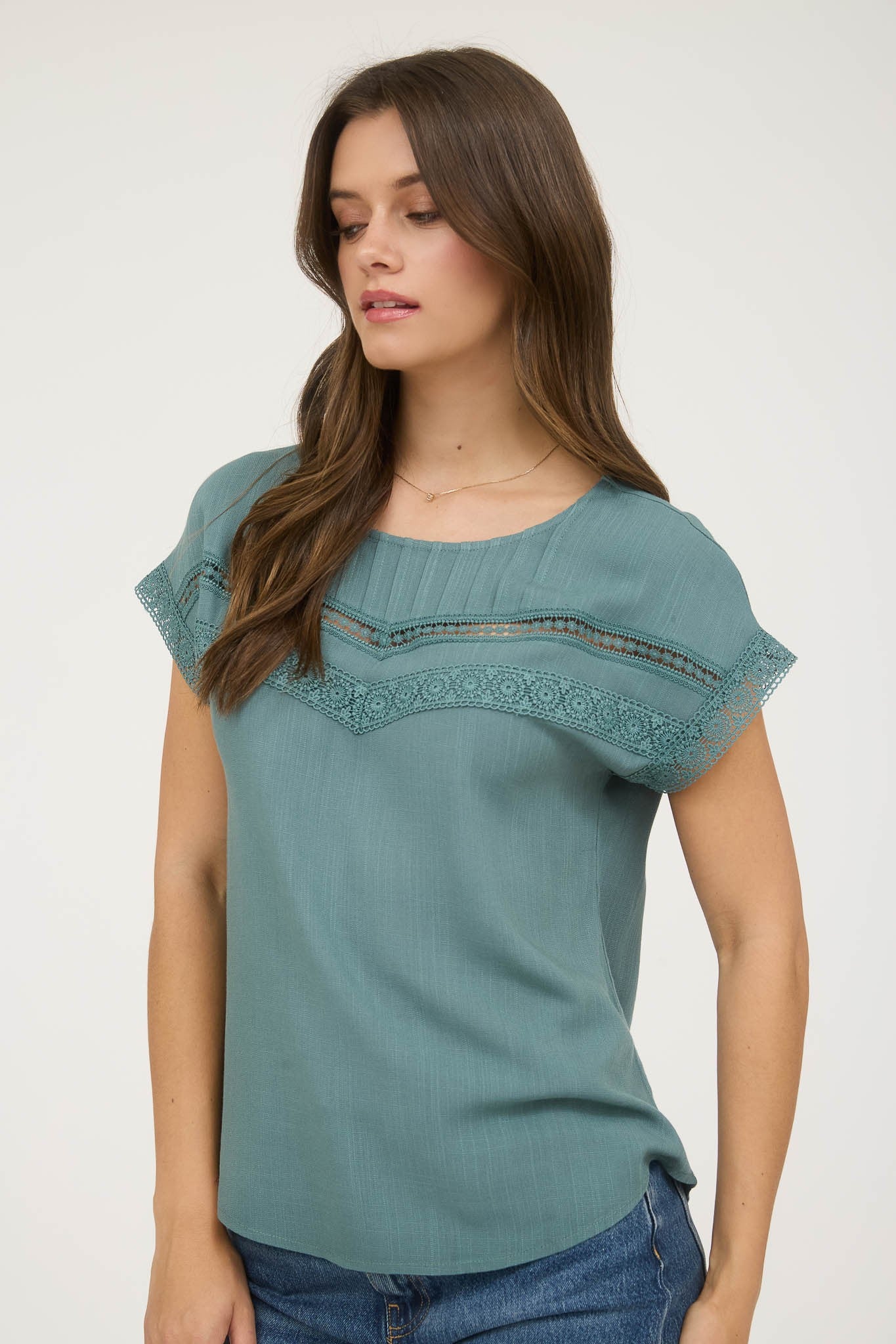 Presley Lace Trim Yoke Short Sleeve Top