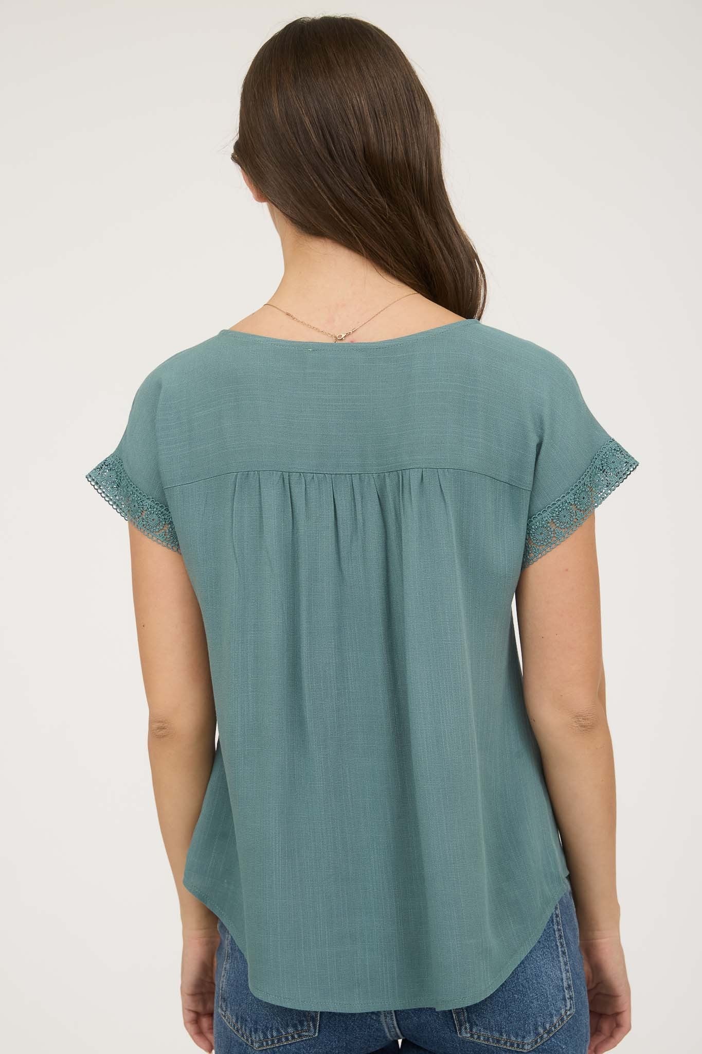 Presley Lace Trim Yoke Short Sleeve Top