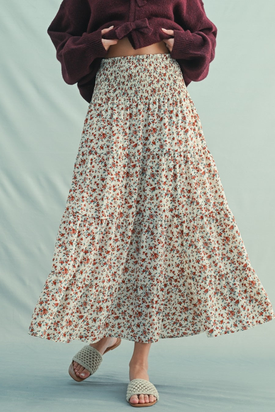 Drifting Calm Floral Tiered Midi Skirt