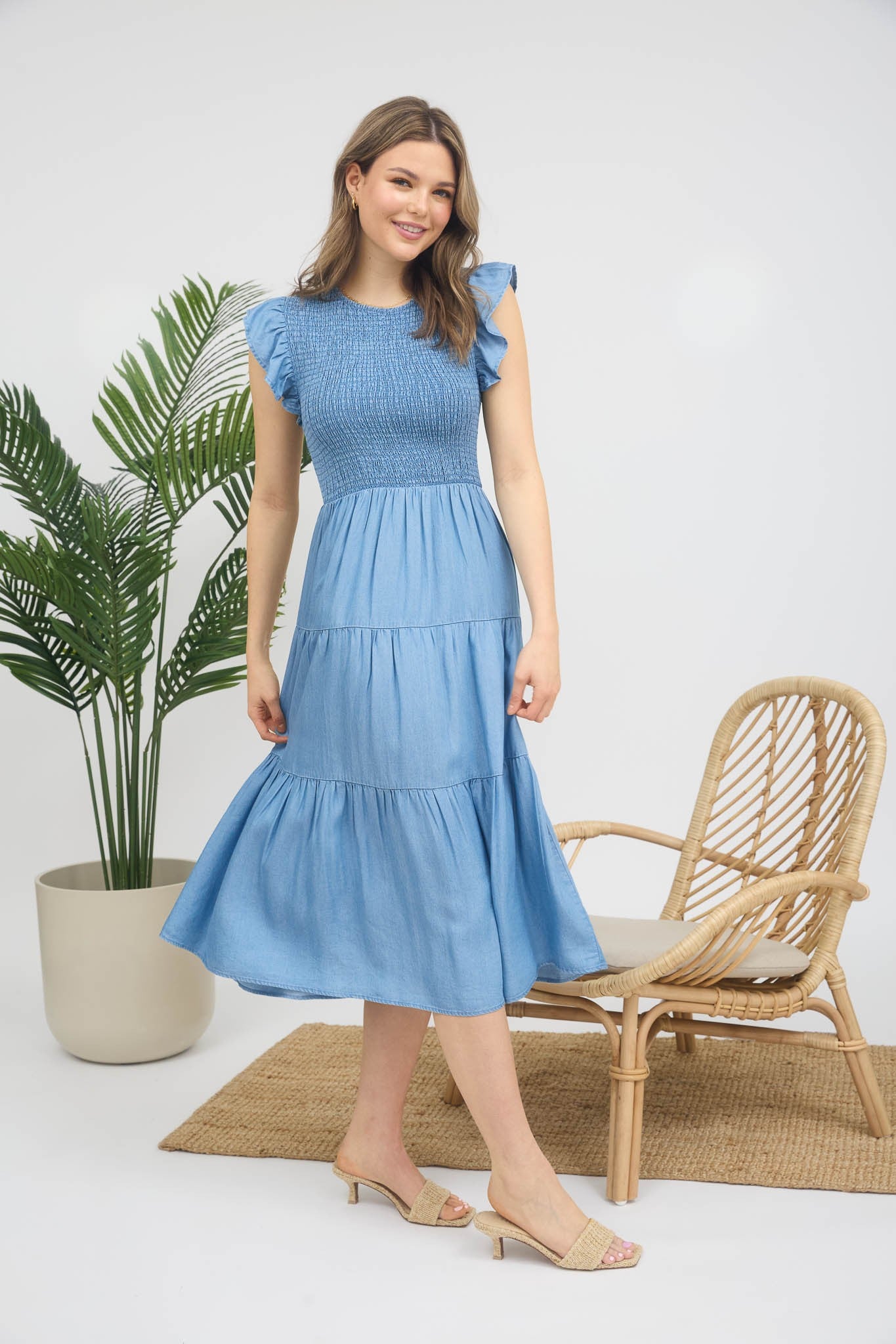 Wonderlust Smock Ruffle Sleeve Midi Dress