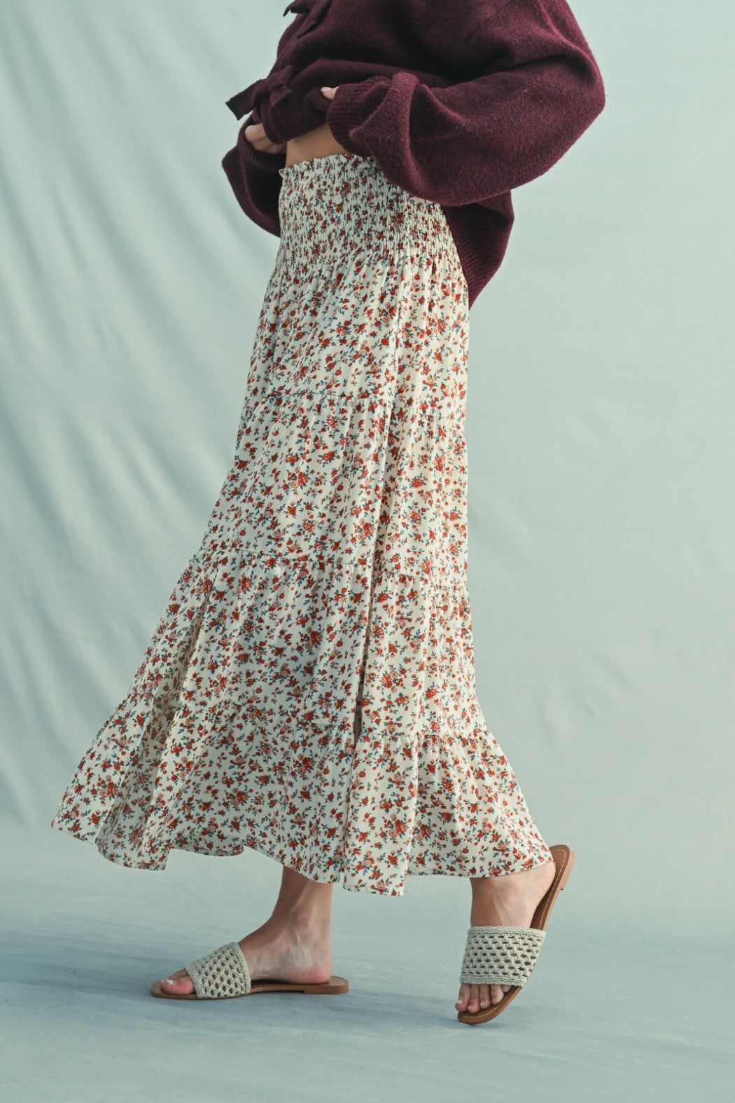 Drifting Calm Floral Tiered Midi Skirt