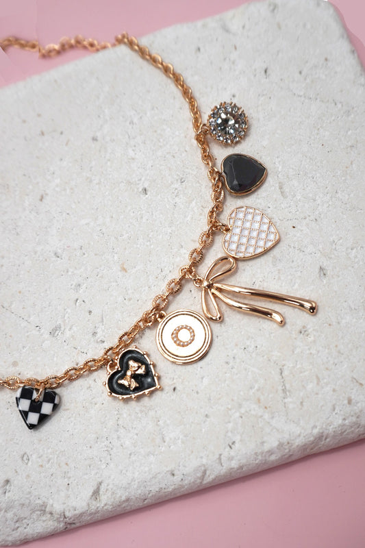 Bow & Checker Heart Charm Necklace