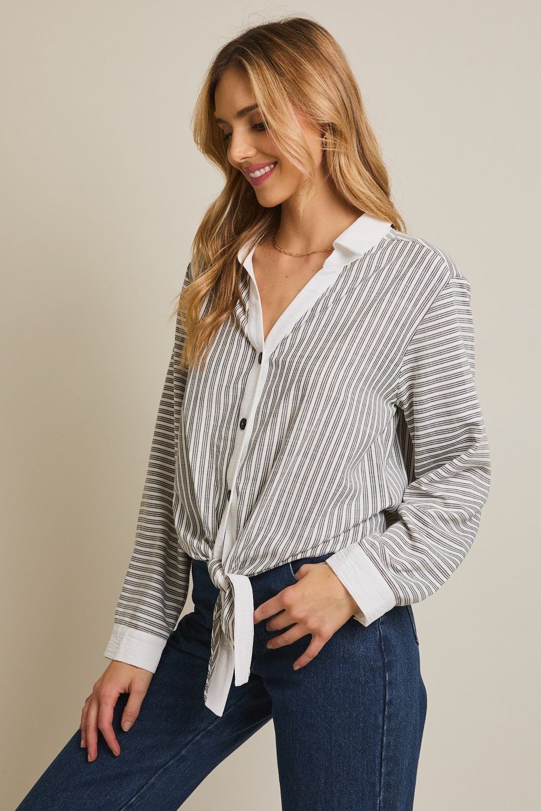 Gwen Button Up Tie Front Stripe Shirt