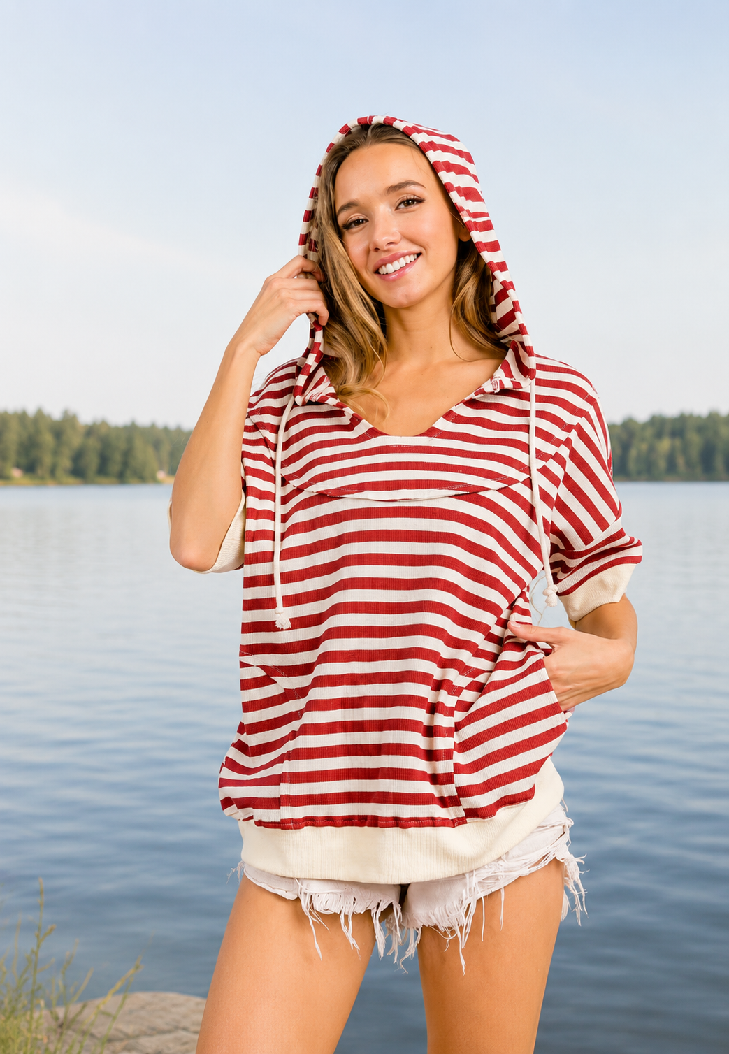 Stripe Fleece Hoodie Top