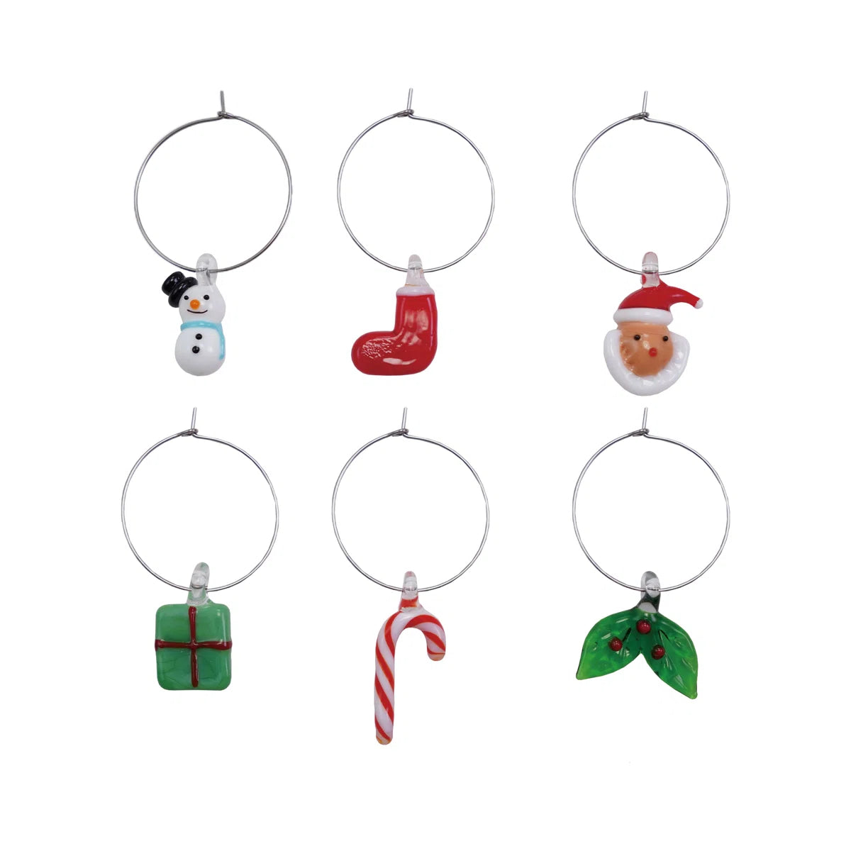 Blown Glass Holiday Icon Wine Glass Charms, Boxed Set of 6