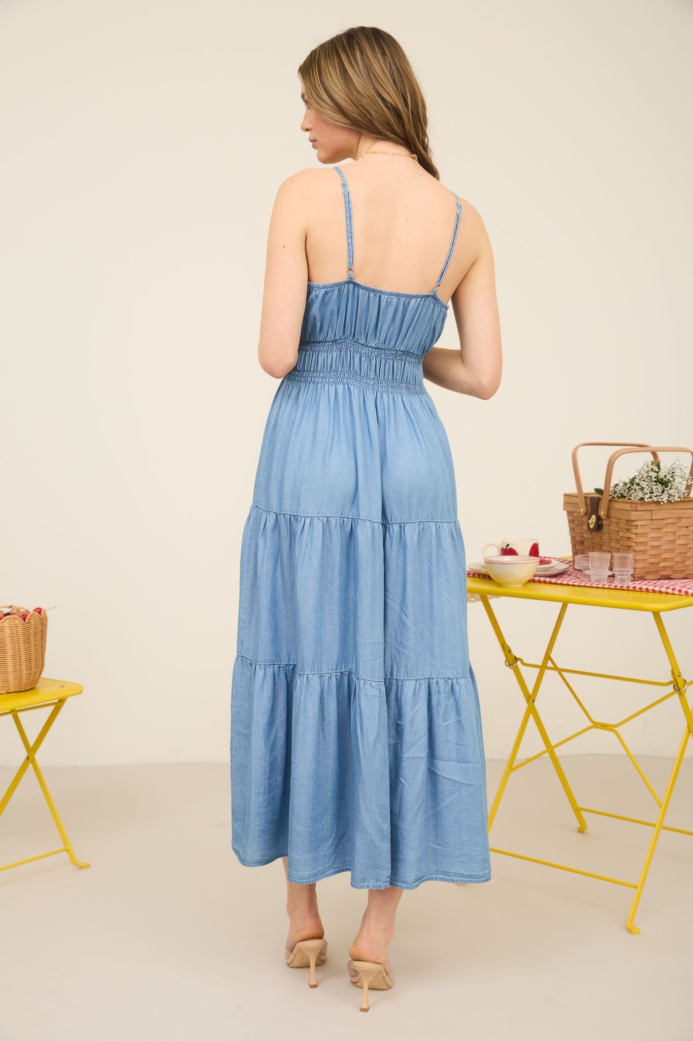 Denim Dolly Sleeveless Tiered Midi Dress