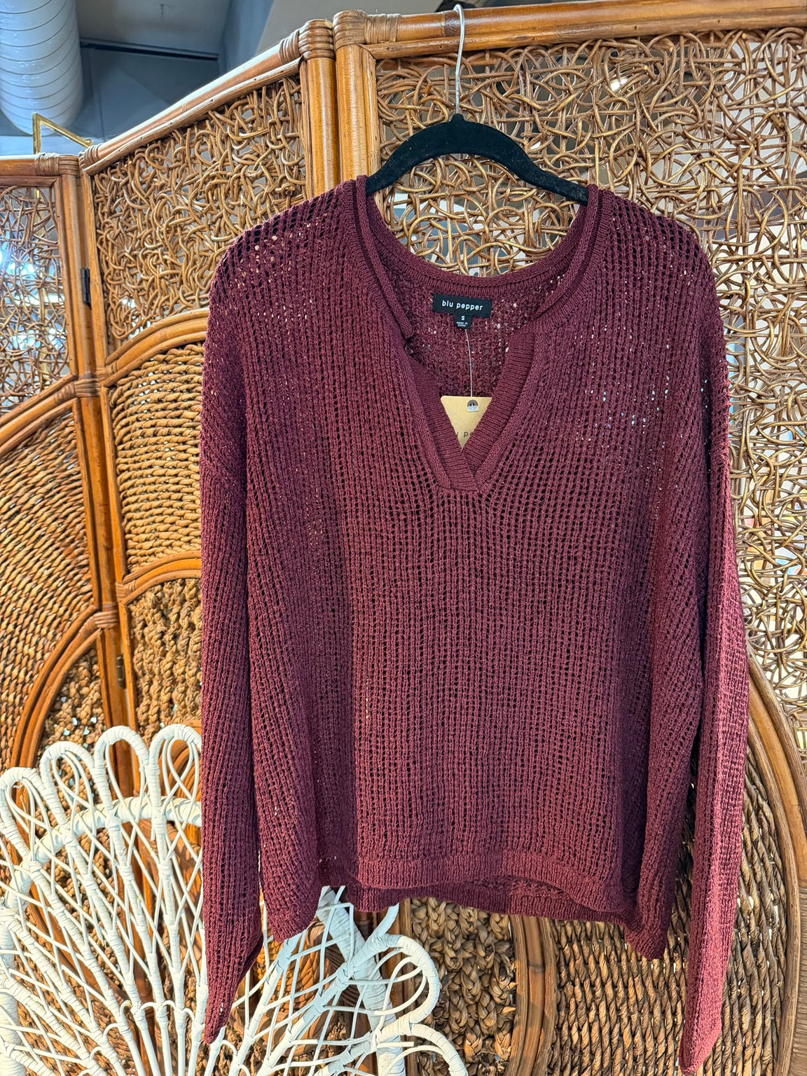 Raw Edge Split Neck Knit Sweater