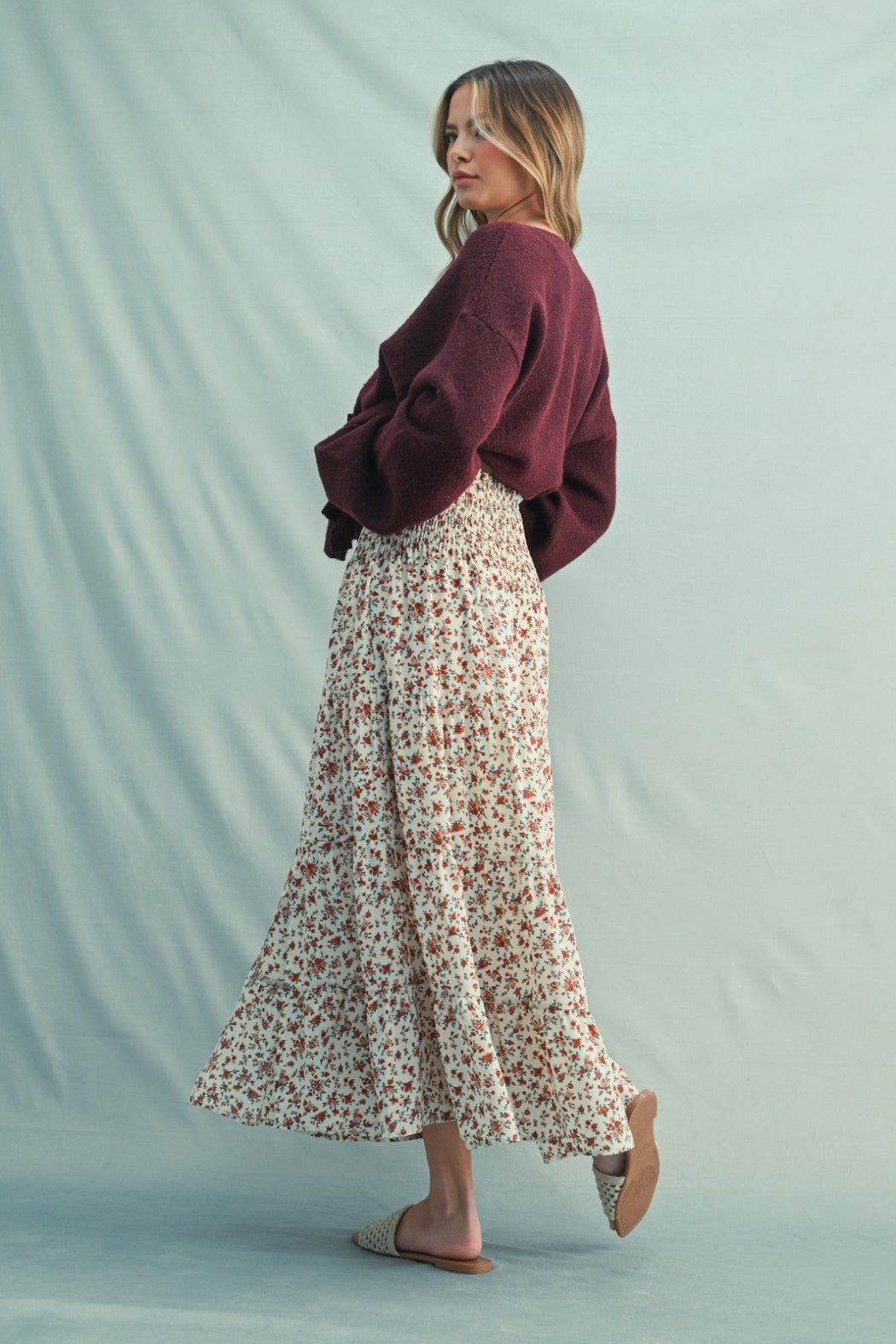 Drifting Calm Floral Tiered Midi Skirt