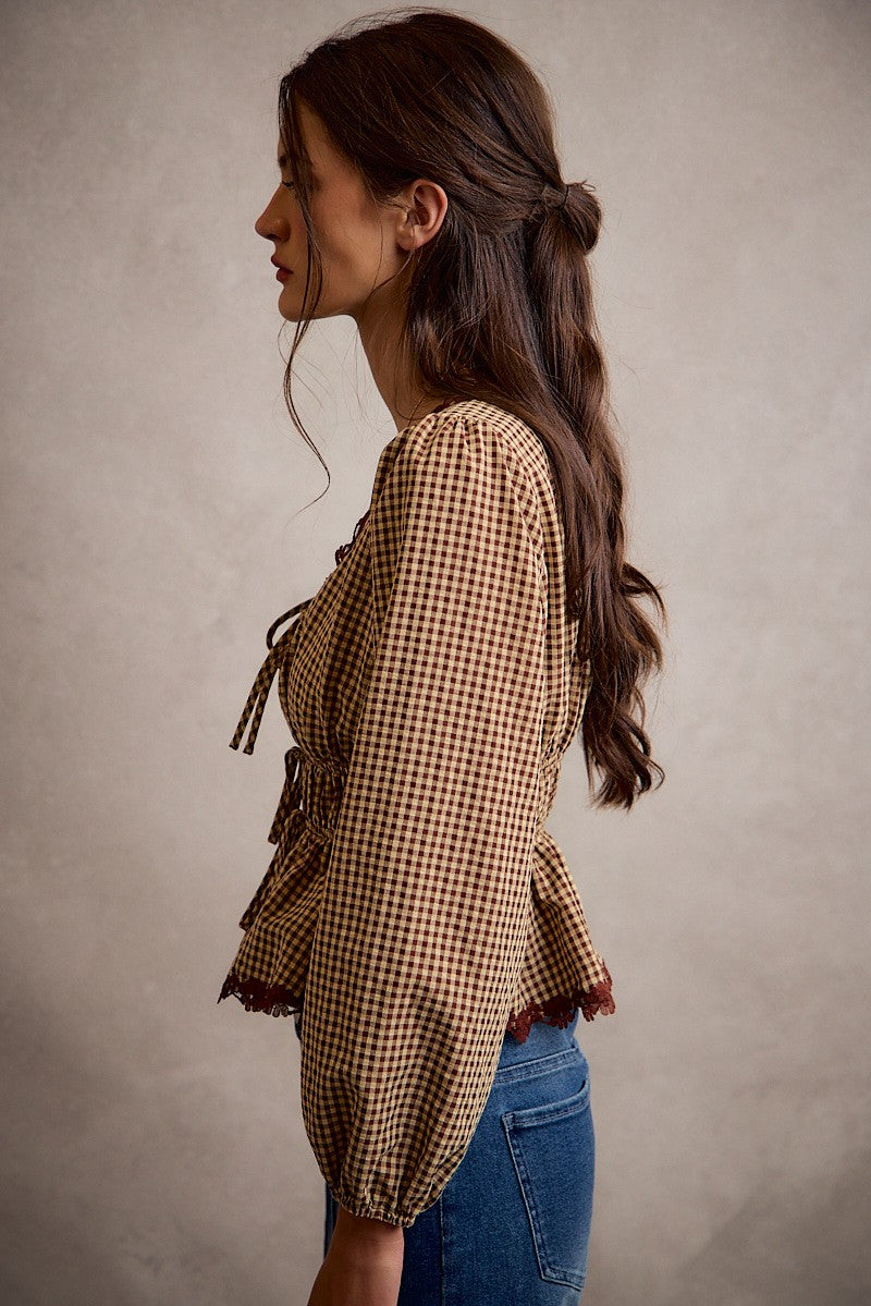Gingham Lace Trim Peplum Blouse