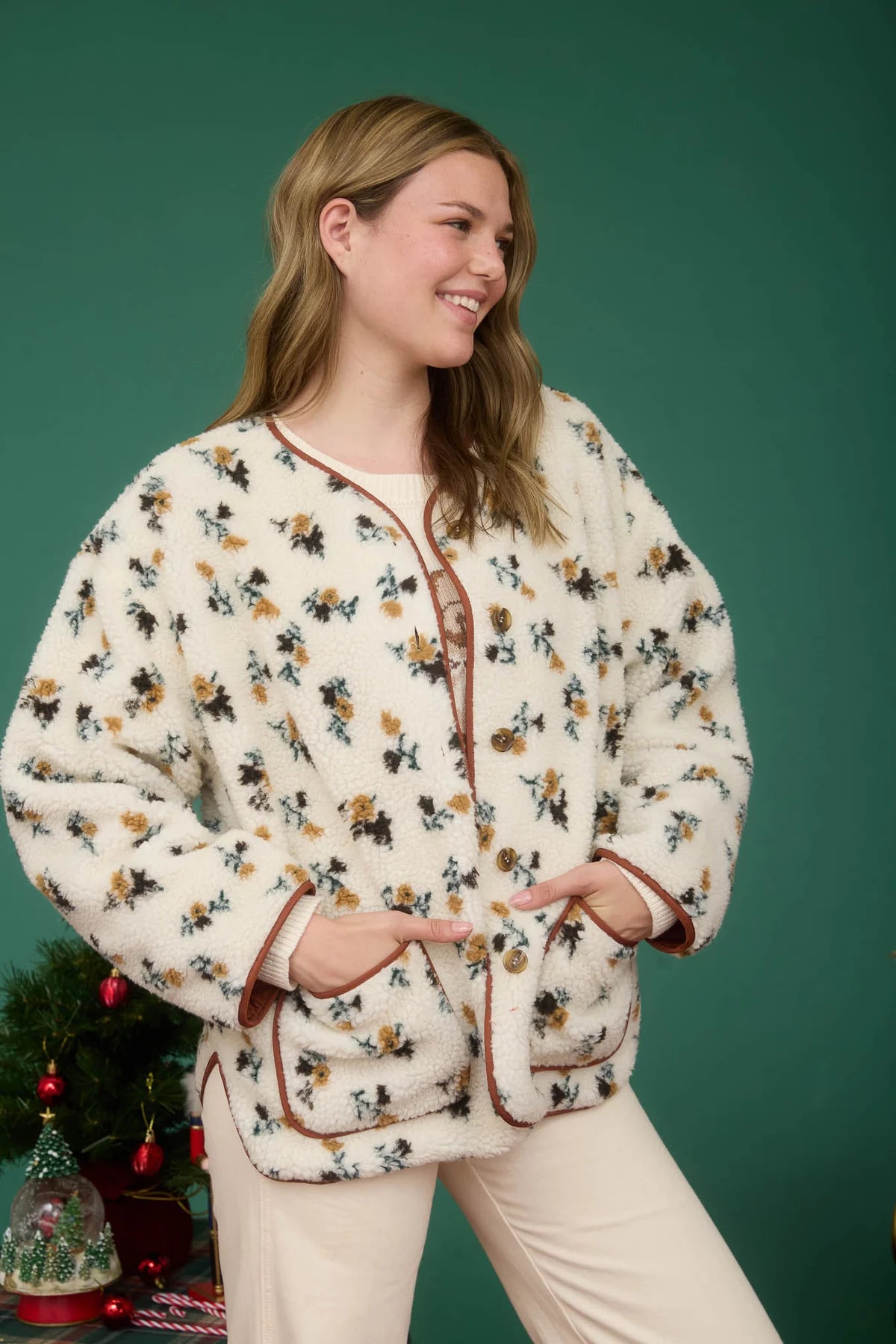 Floral Print Sherpa Jacket