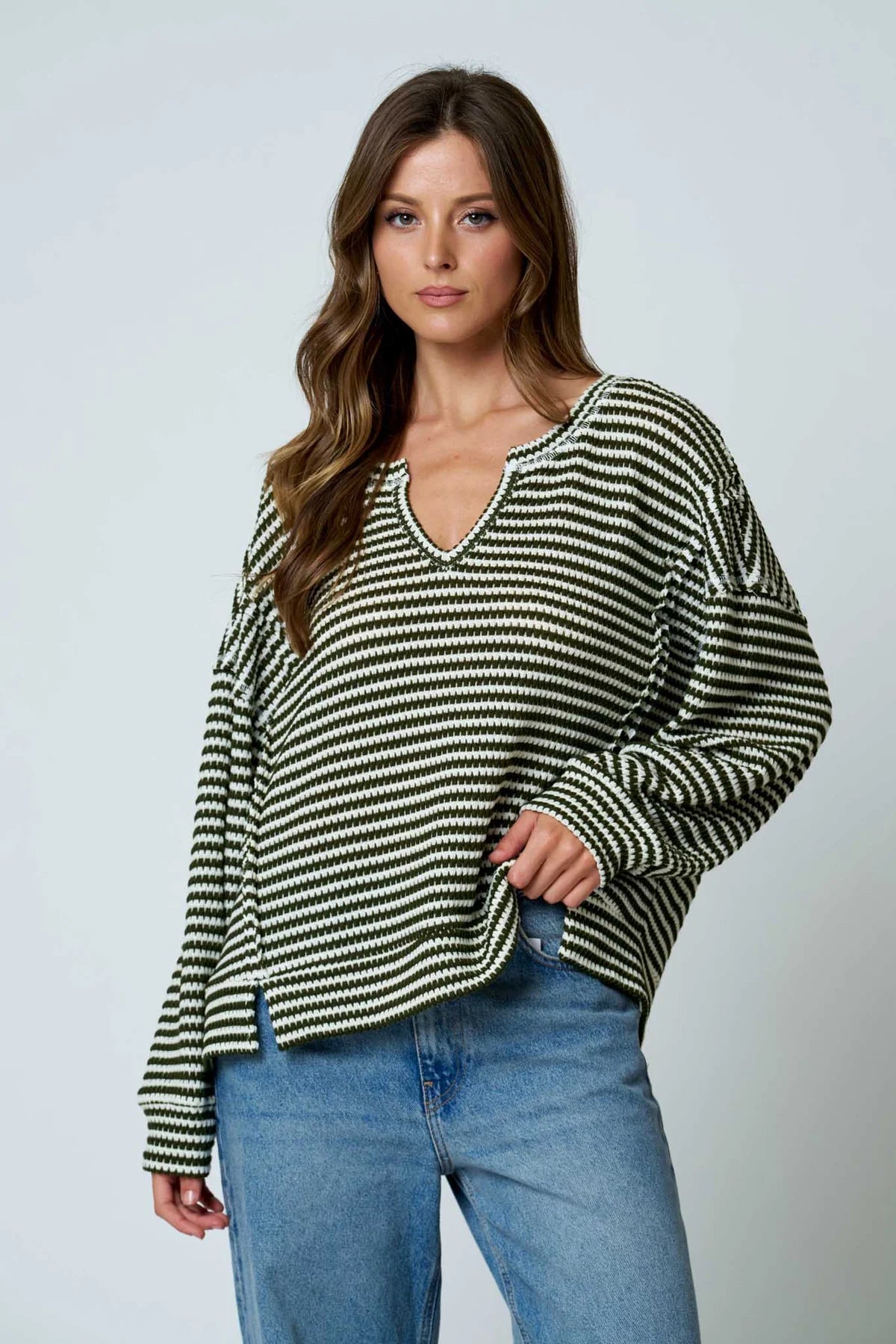 Stripe Split Neck Knit Top