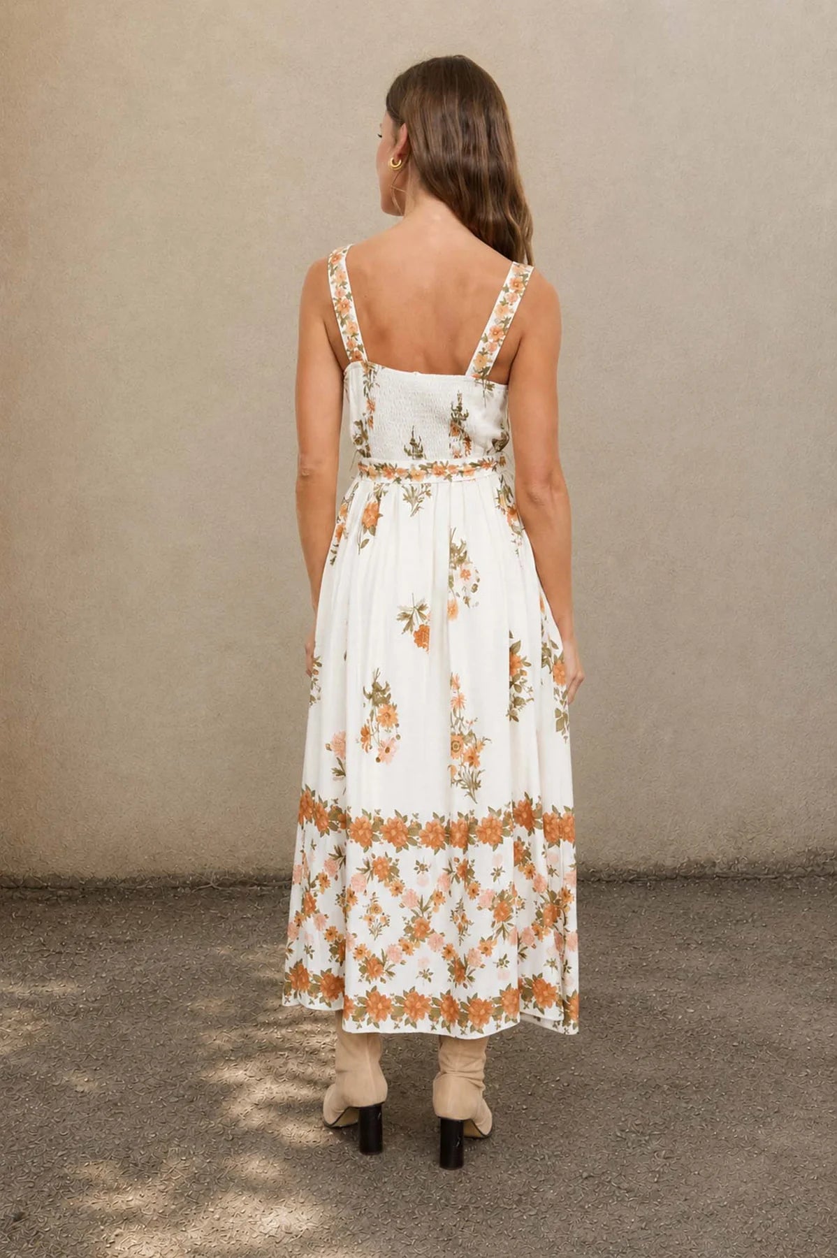 Floral Border Print Belted Midi Dress
