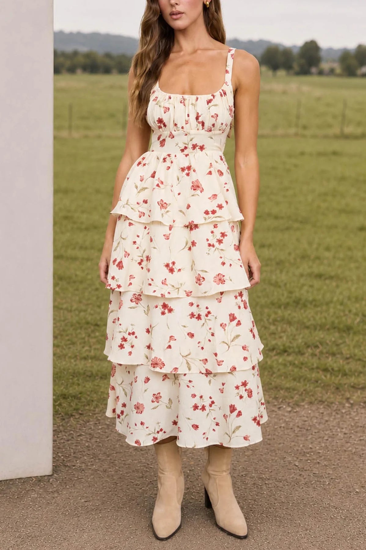 Floral Back Tie Tiered Midi Dress