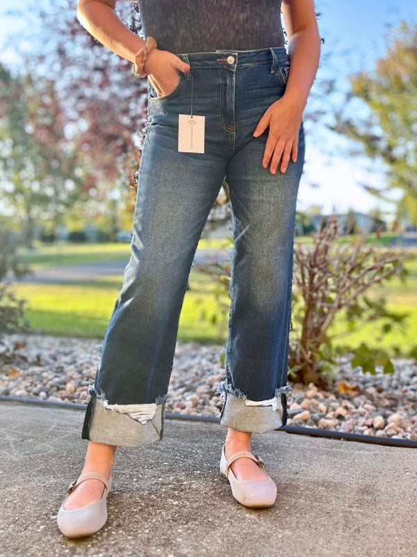 Zenana Cuffed or Uncuffed Distressed Hem Jeans