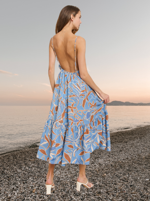 Floral Open-Back Midi Dress with Spaghetti Straps