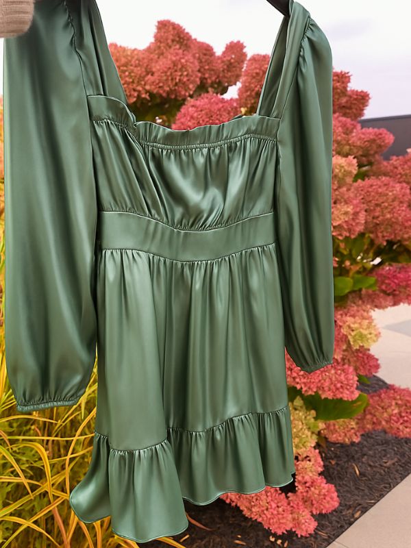 Satin Sage Smocked Dress
