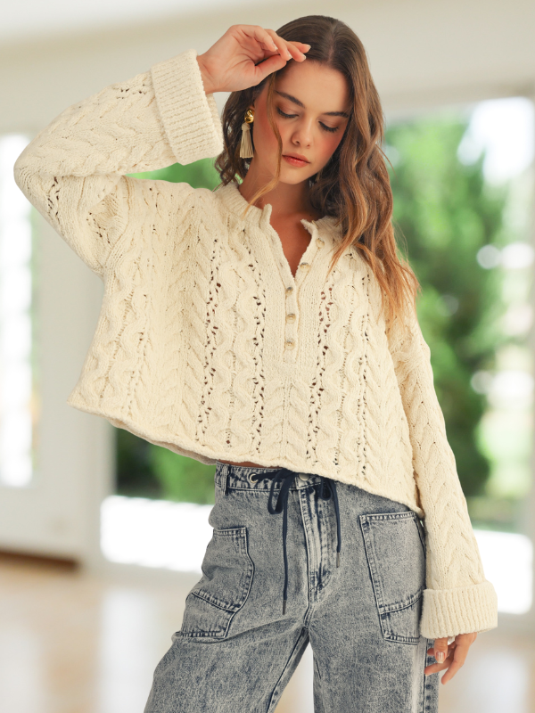 Soft Twisted Ribbed Half Buttons Down Sweater