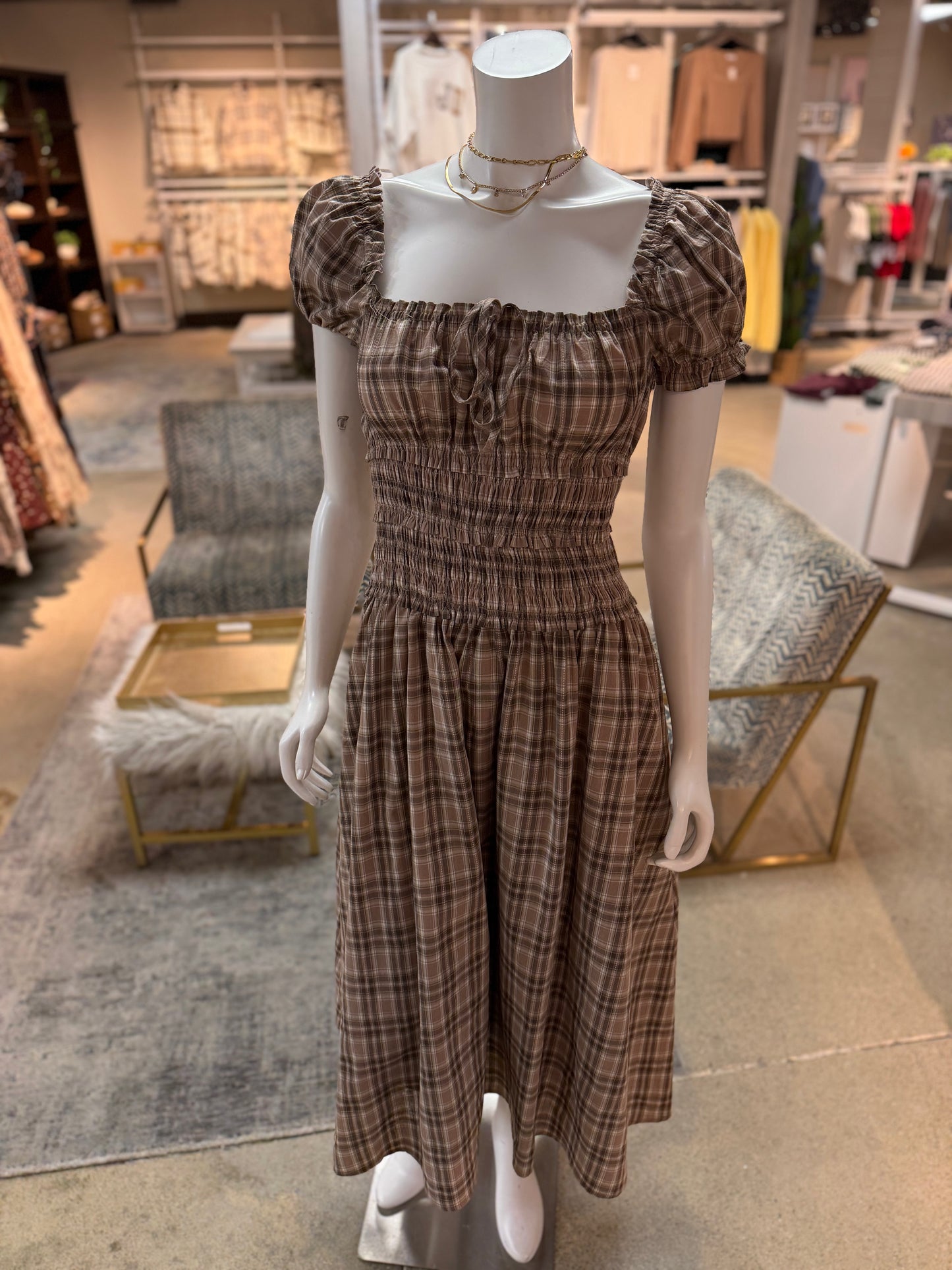 Plaid Puff Sleeve Smocked Midi Dress