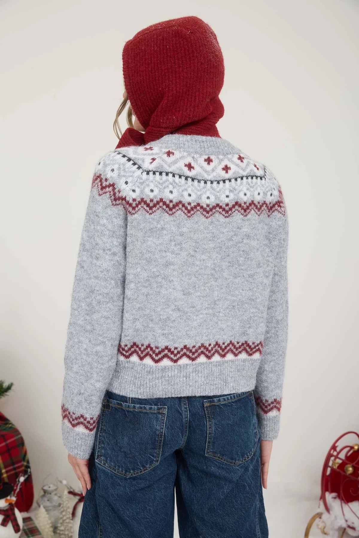 Winter Fair Isle Toggle Knit Sweater