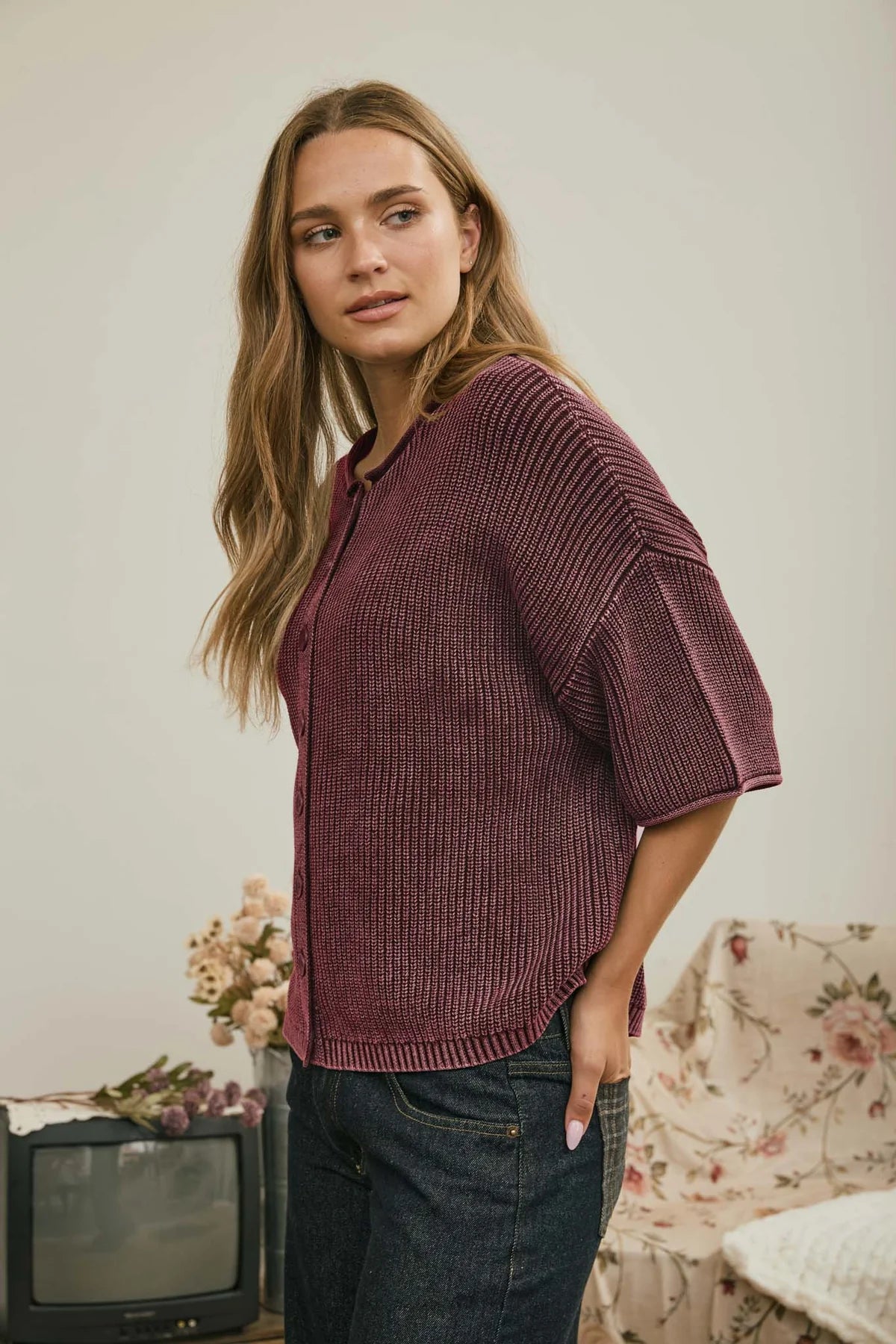 Washed Ribbed Short Sleeve Cardigan