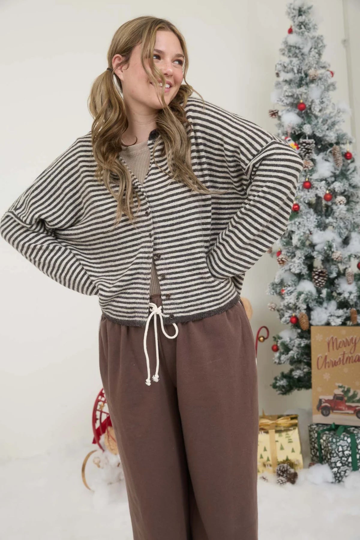 Raw Edge Striped Button Cardigan Sweater