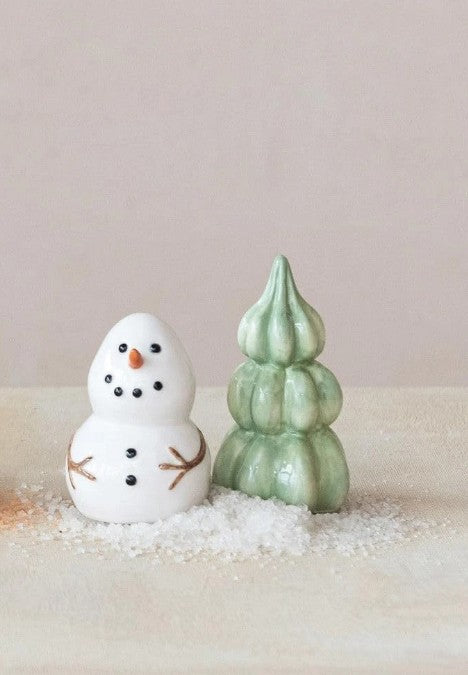 Stoneware Snowman & Tree Salt & Pepper Shakers, Set of 2