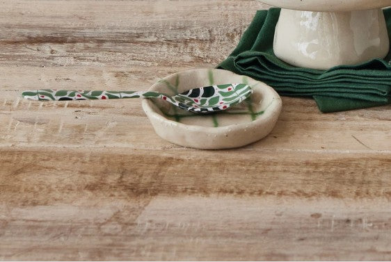 Hand-Painted Stoneware Dish with Grid Pattern, Green & Cream Color