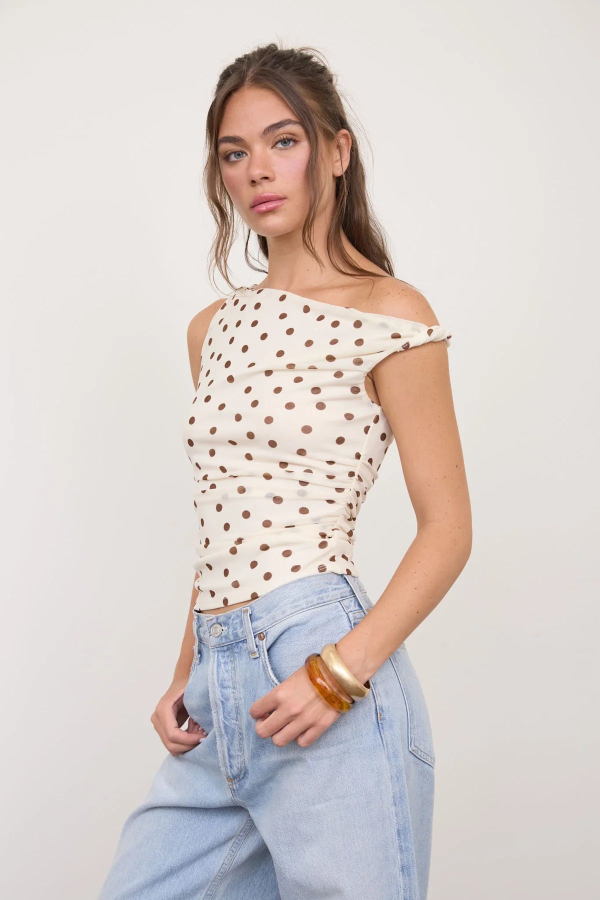 Polka Dot Off Shoulder Mesh Top