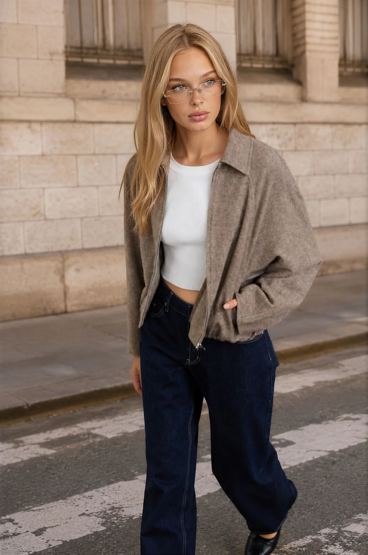 Cropped Balloon Hem Zip Up Jacket