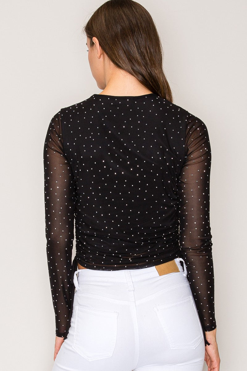 Rhinestone Drawstring Cinched Mesh Long Sleeve Top