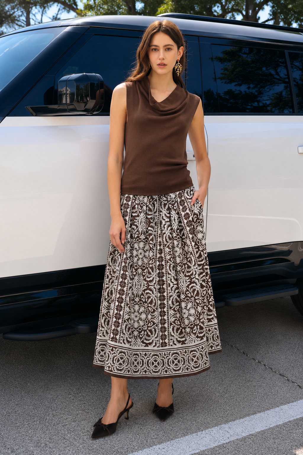 Printed Pleated Maxi Skirt