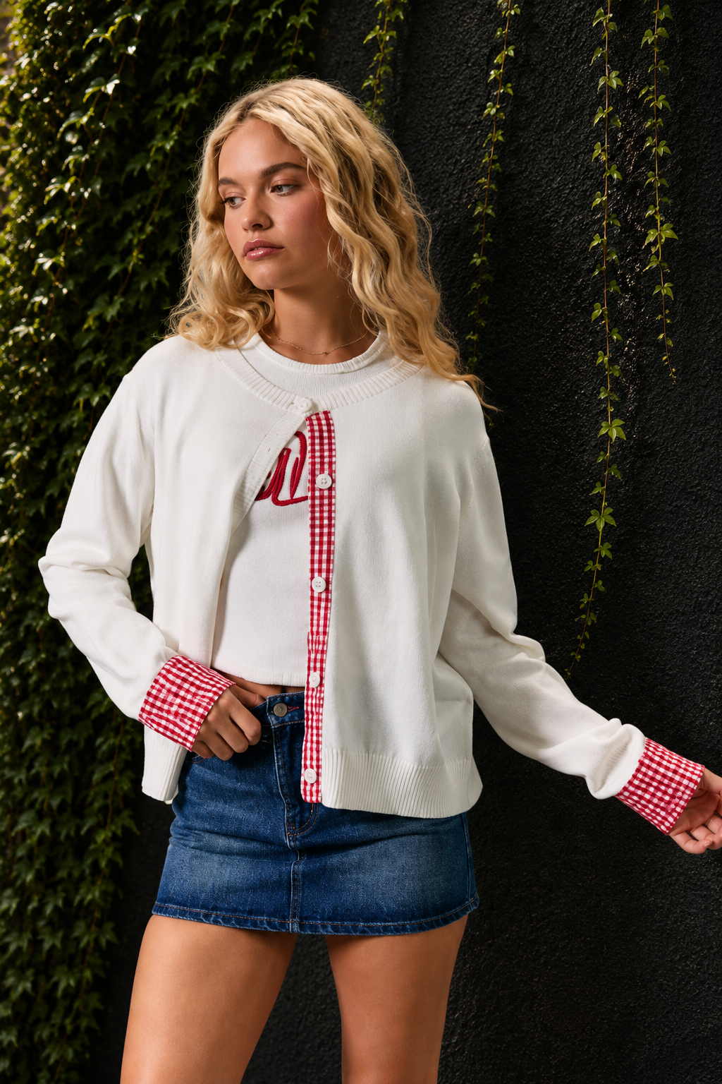 Gingham Detail Knit Cardigan