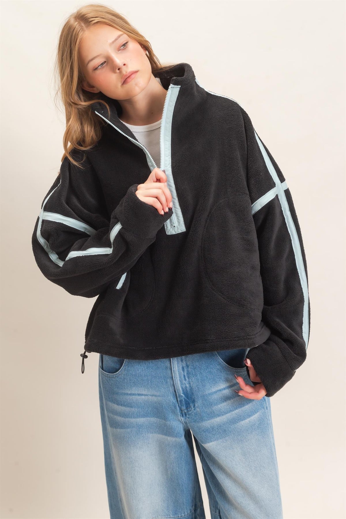 Contrast Trim Fleece Half Zip Pullover