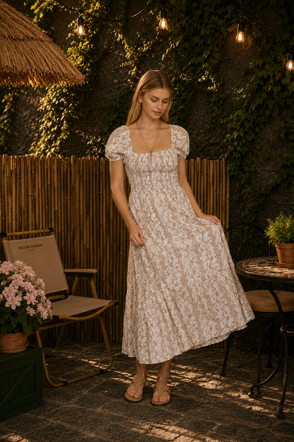 Floral Smocked Puff Sleeve Midi Dress