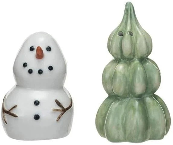 Stoneware Snowman & Tree Salt & Pepper Shakers, Set of 2