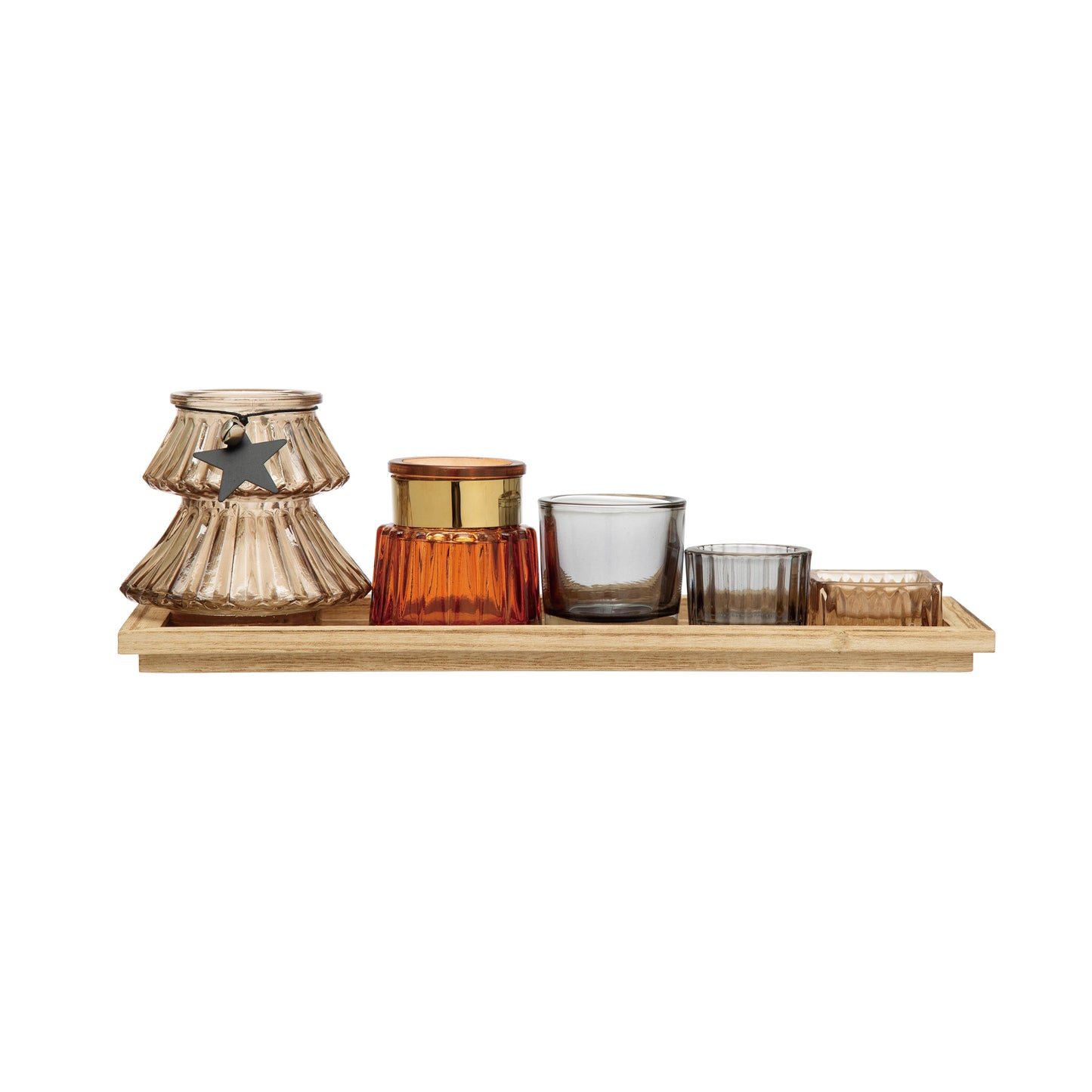 14"L x 5-1/2"W Wood Tray with 5 Glass Tealight/Votive Holders, Multi Color, Set of 6