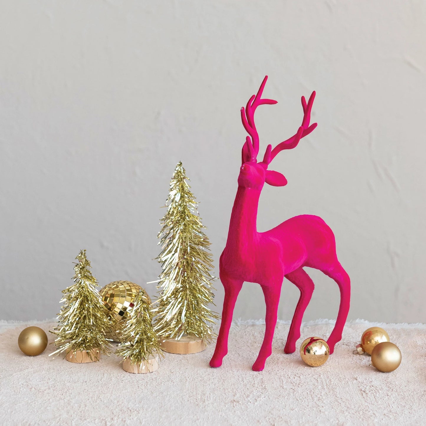 Flocked Plastic Standing Reindeer, Pink