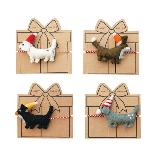 Handmade Wool Felt Dog with Hat Gift  Topper & 40"L Yarn Wrap, 4 Styles