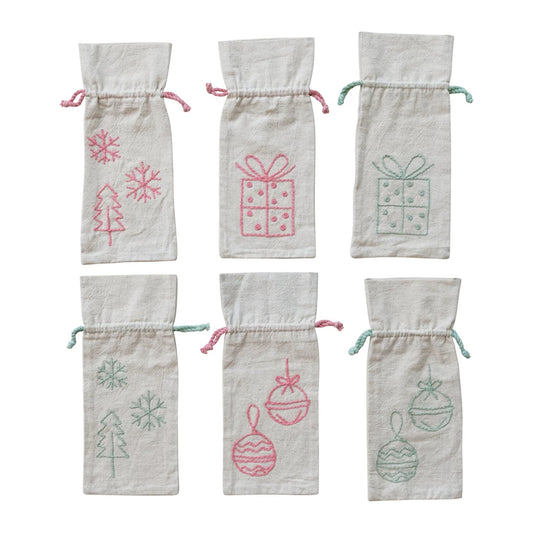 Drawstring Wine Bag with Embroidered Holiday Icon, 6 Styles