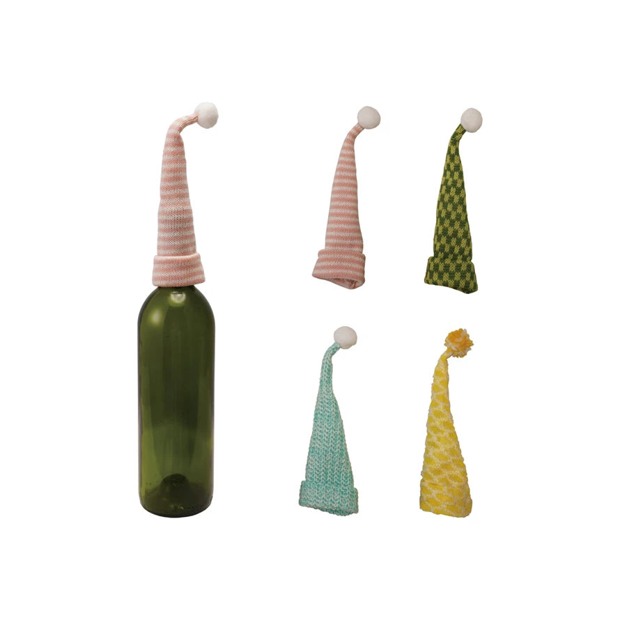 8"H Knit Fabric & Wire Hat Bottle Topper with Pom Pom, 4 Colors