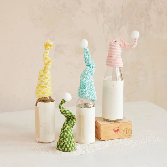 8"H Knit Fabric & Wire Hat Bottle Topper with Pom Pom, 4 Colors