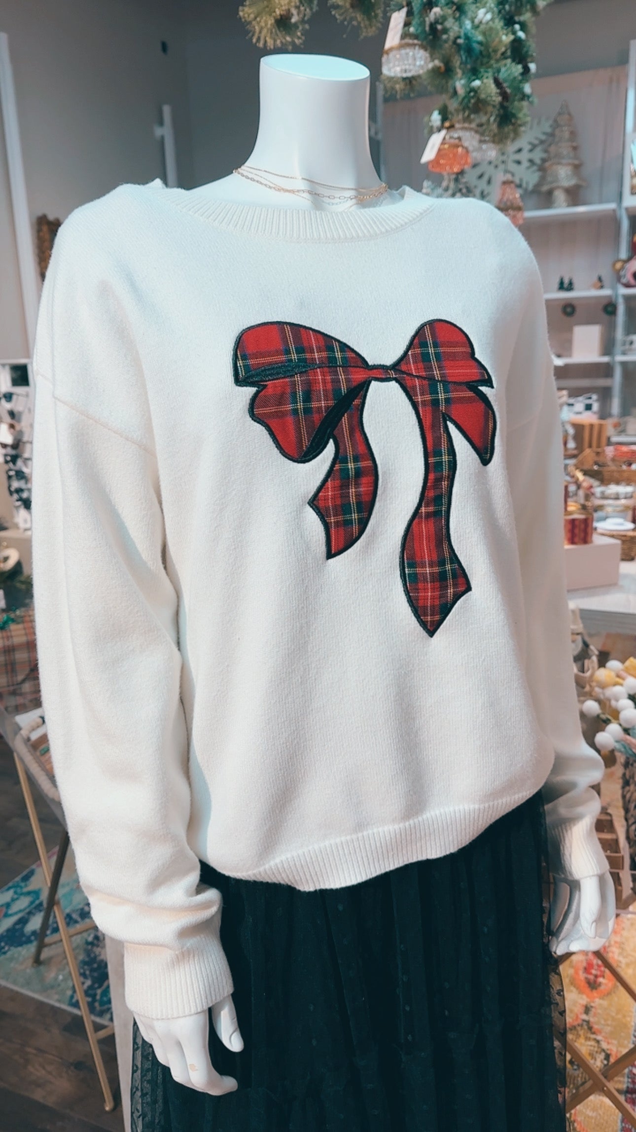 Holiday Bow Plaid Patch Sweater Pullover