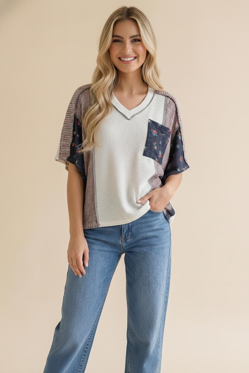 Floral Color Block Knit Top