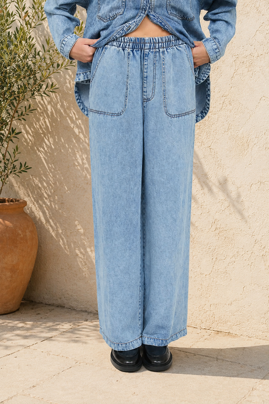 Washed Chambray Wide Leg Pants