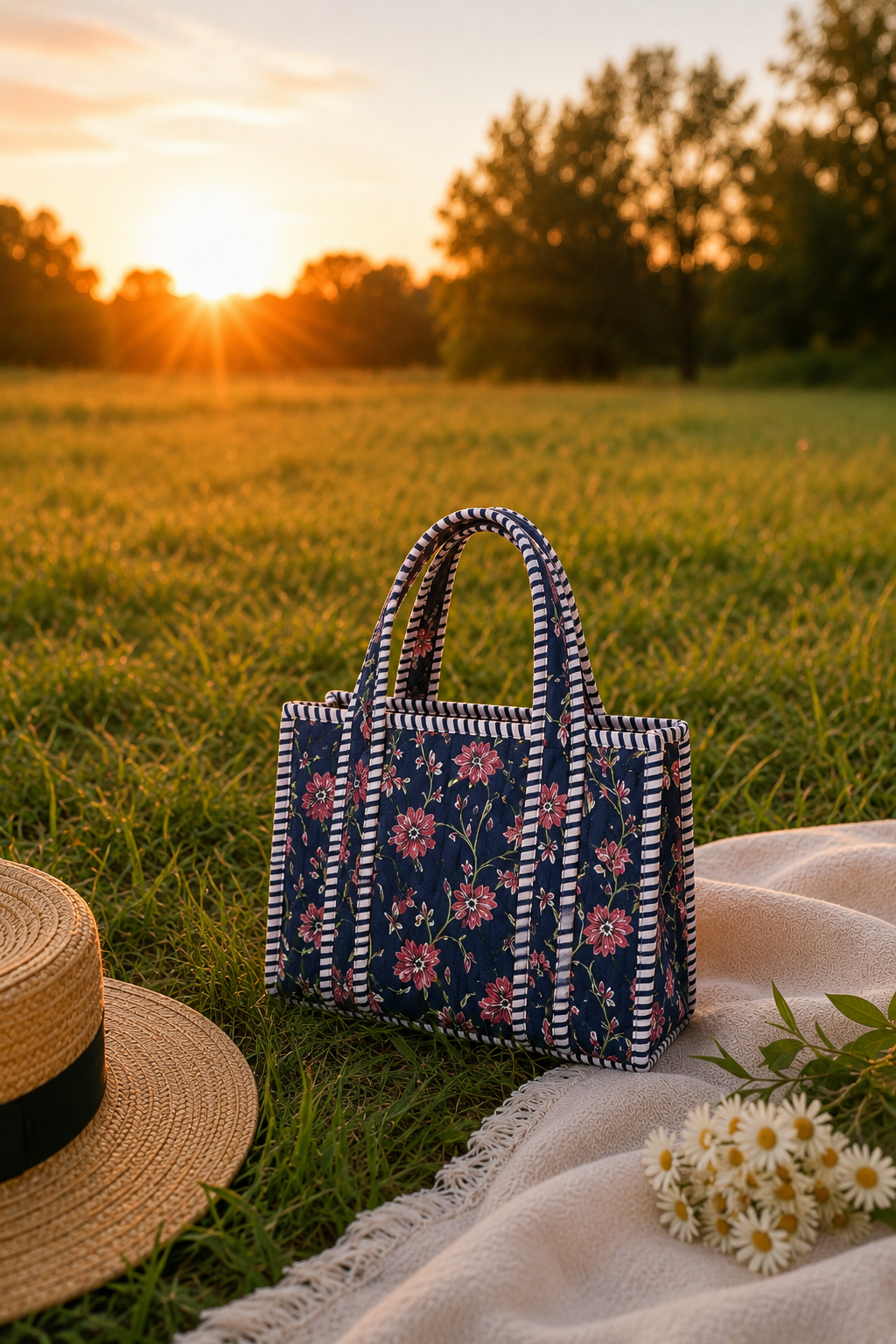 Mini Floral Navy Quilted Cotton Tote Bag