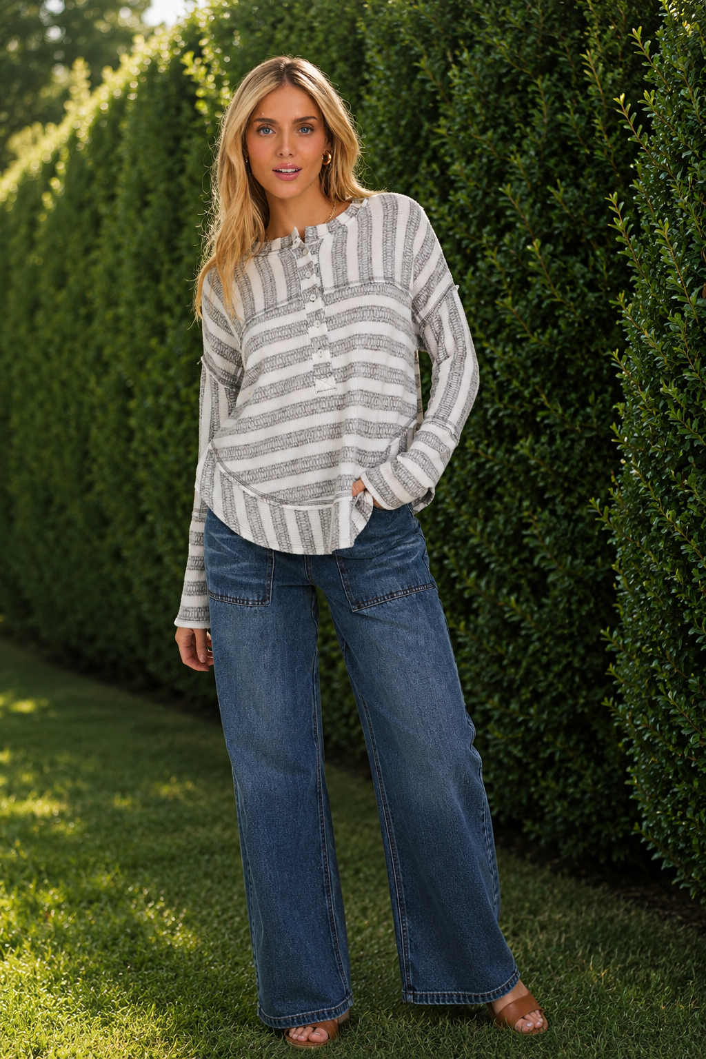 Raw Edge Stripe Button Down Top