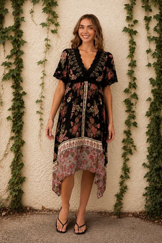 Boho Floral Lace Trim Midi Dress