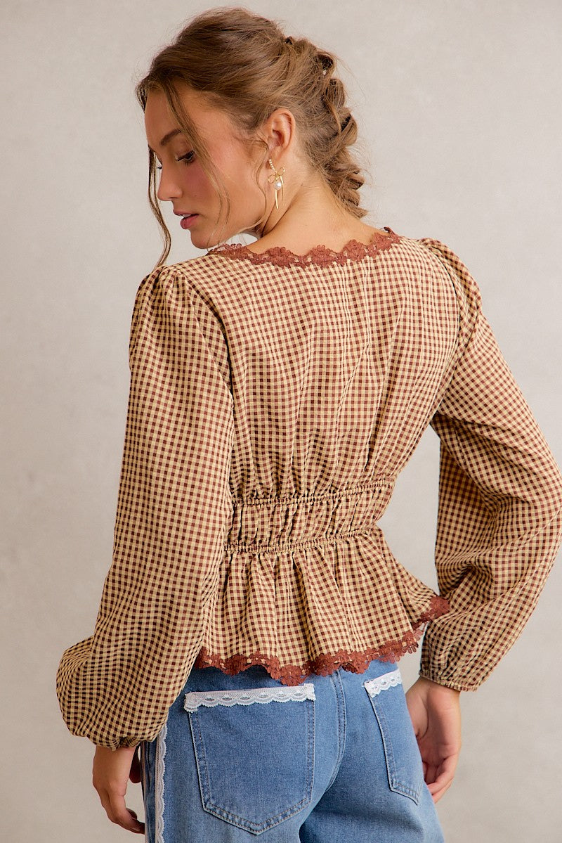 Gingham Lace Trim Peplum Blouse
