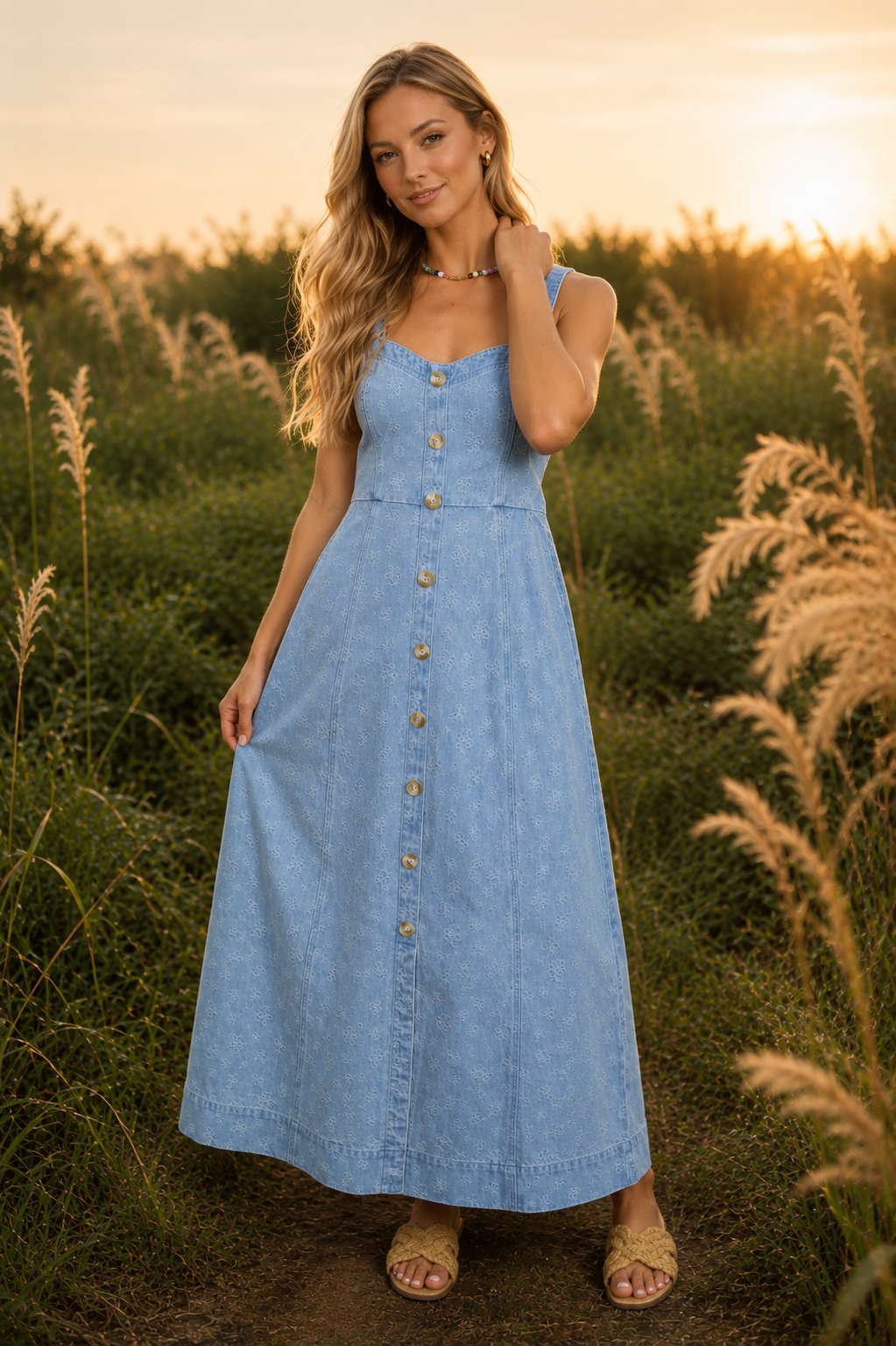 Floral Denim Jacquard Midi Dress